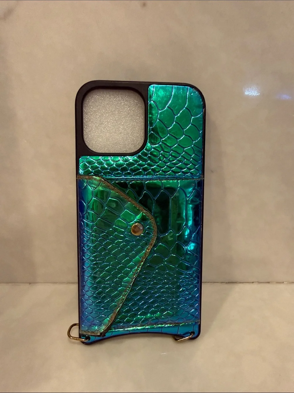 Bandolier iPhone 13 Pro Max Iridescent Green-Blue Snake-Texture Card Phone Case